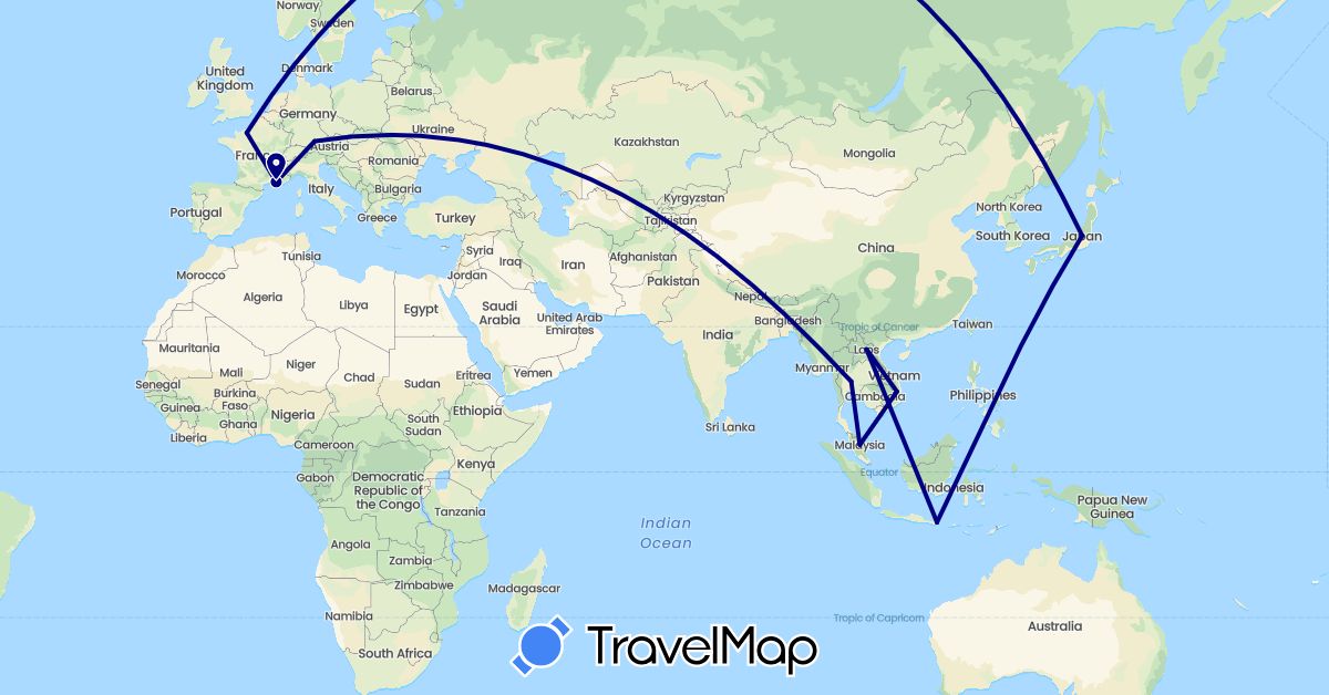 TravelMap itinerary: driving in Germany, France, Indonesia, Japan, Laos, Malaysia, Thailand, Vietnam (Asia, Europe)